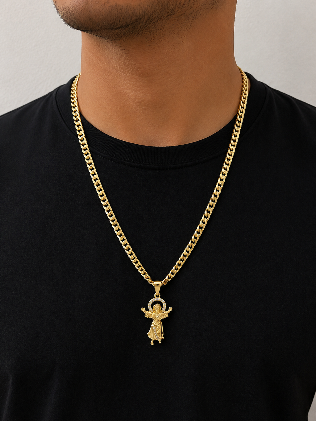 Cadena Cubana 14K con Divino Niño y Zirconias – 20 Pulgadas