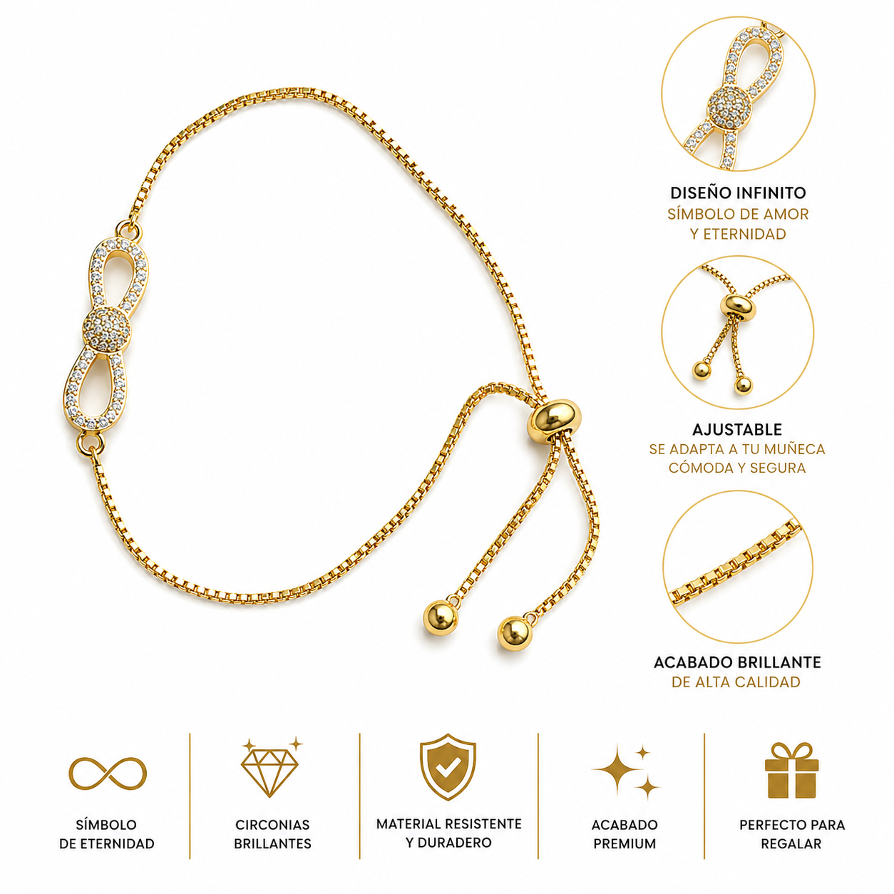 ✨ Pulsera Infinito Brillante Ajustable Oro 14K Laminado