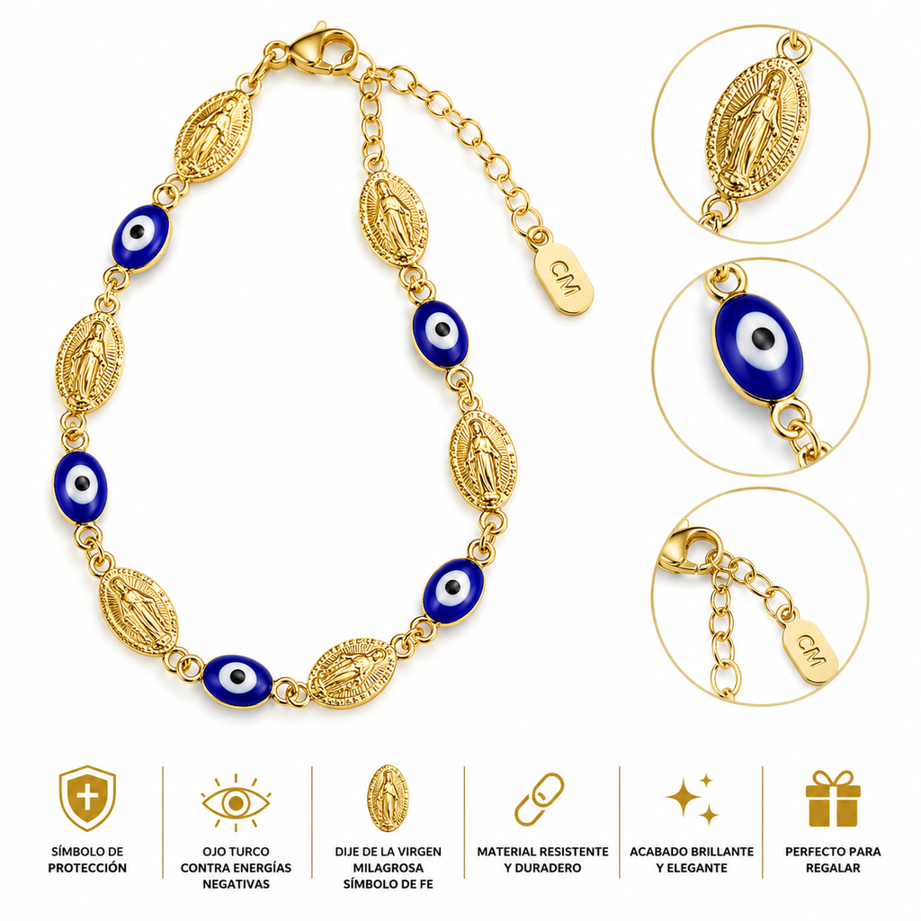 🧿 Pulsera Virgen Milagrosa con Ojo Turco Azul