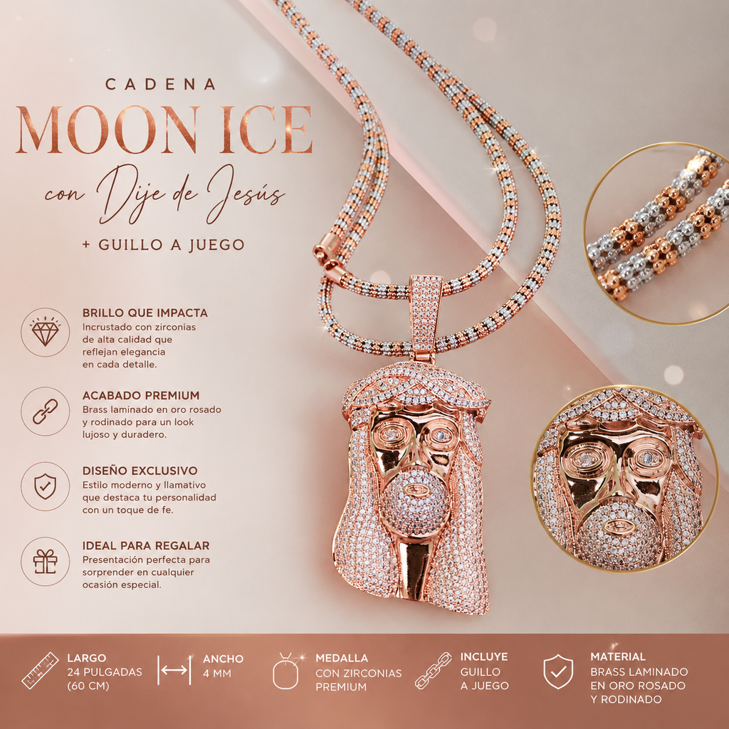 ⭐️Cadena Moon Ice Rose Gold con Medalla de Jesús + Guillo a Juego