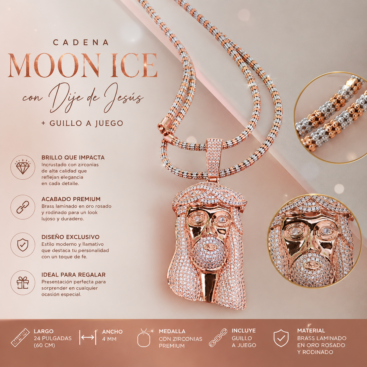 ⭐️Cadena Moon Ice Rose Gold con Medalla de Jesús + Guillo a Juego
