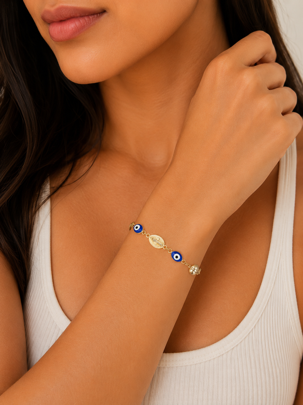 🧿 Pulsera Virgen Milagrosa con Ojo Turco Azul