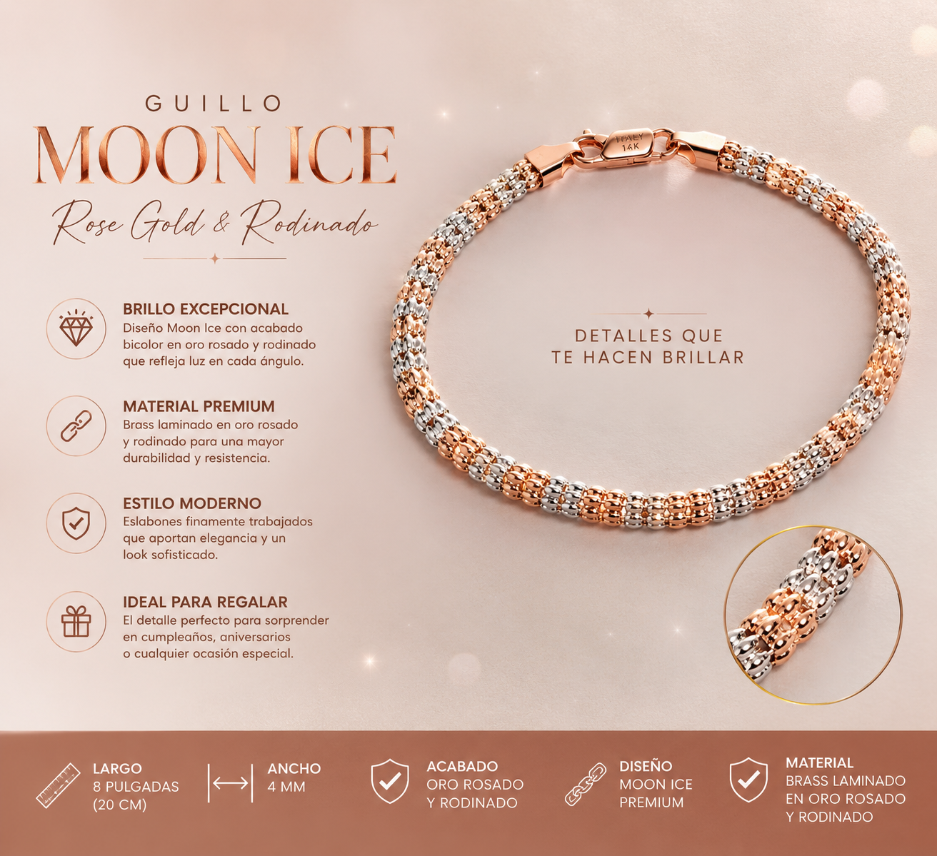 ⭐️Cadena Moon Ice Rose Gold con Medalla de Jesús + Guillo a Juego