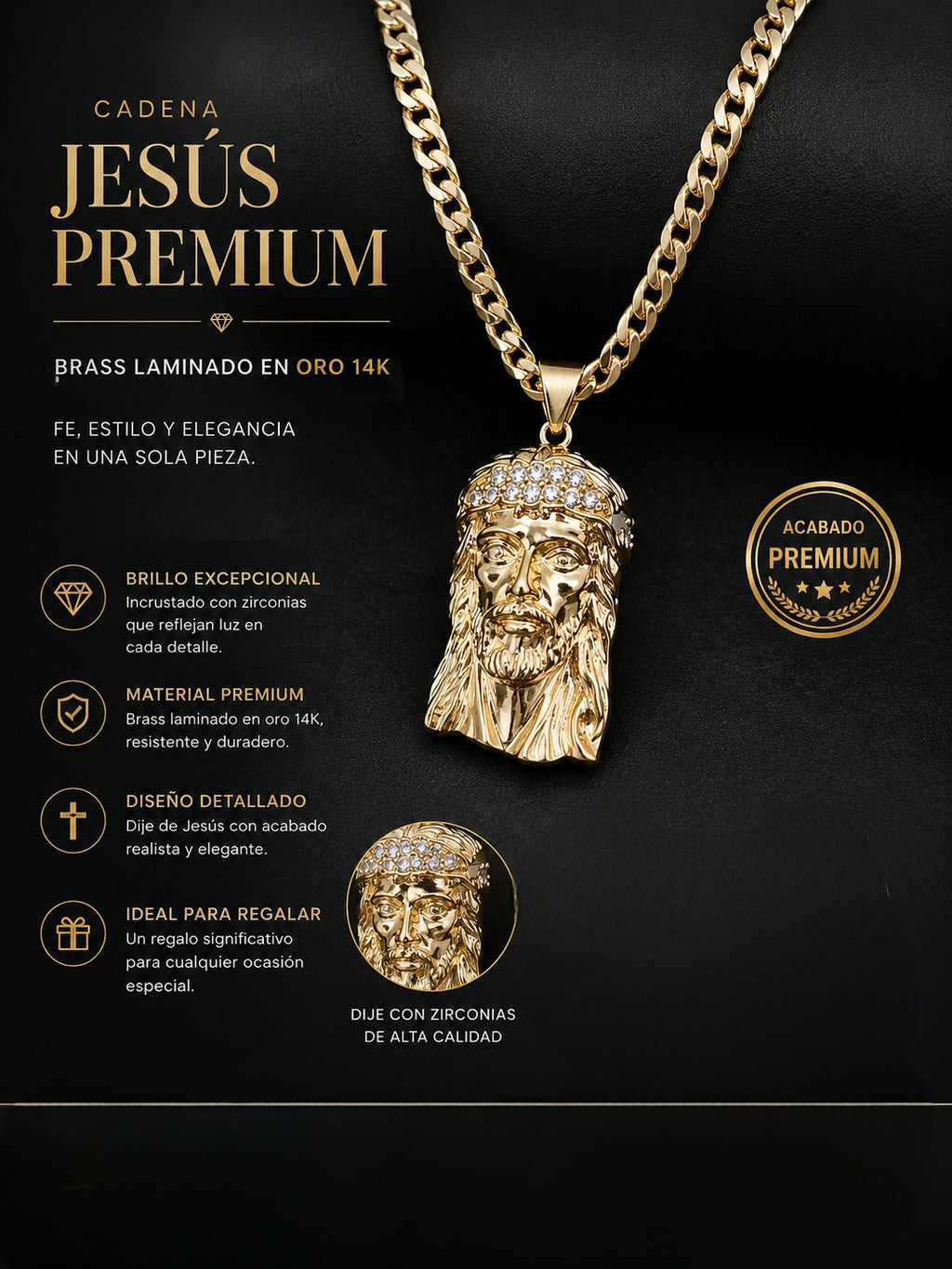 Cubana + medalla de Jesús size 24" – Brass Laminado en Oro 14K