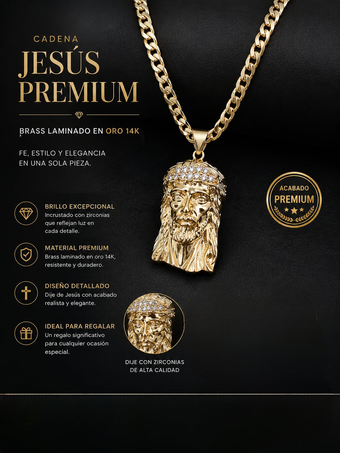 Cubana + medalla de Jesús size 24" – Brass Laminado en Oro 14K
