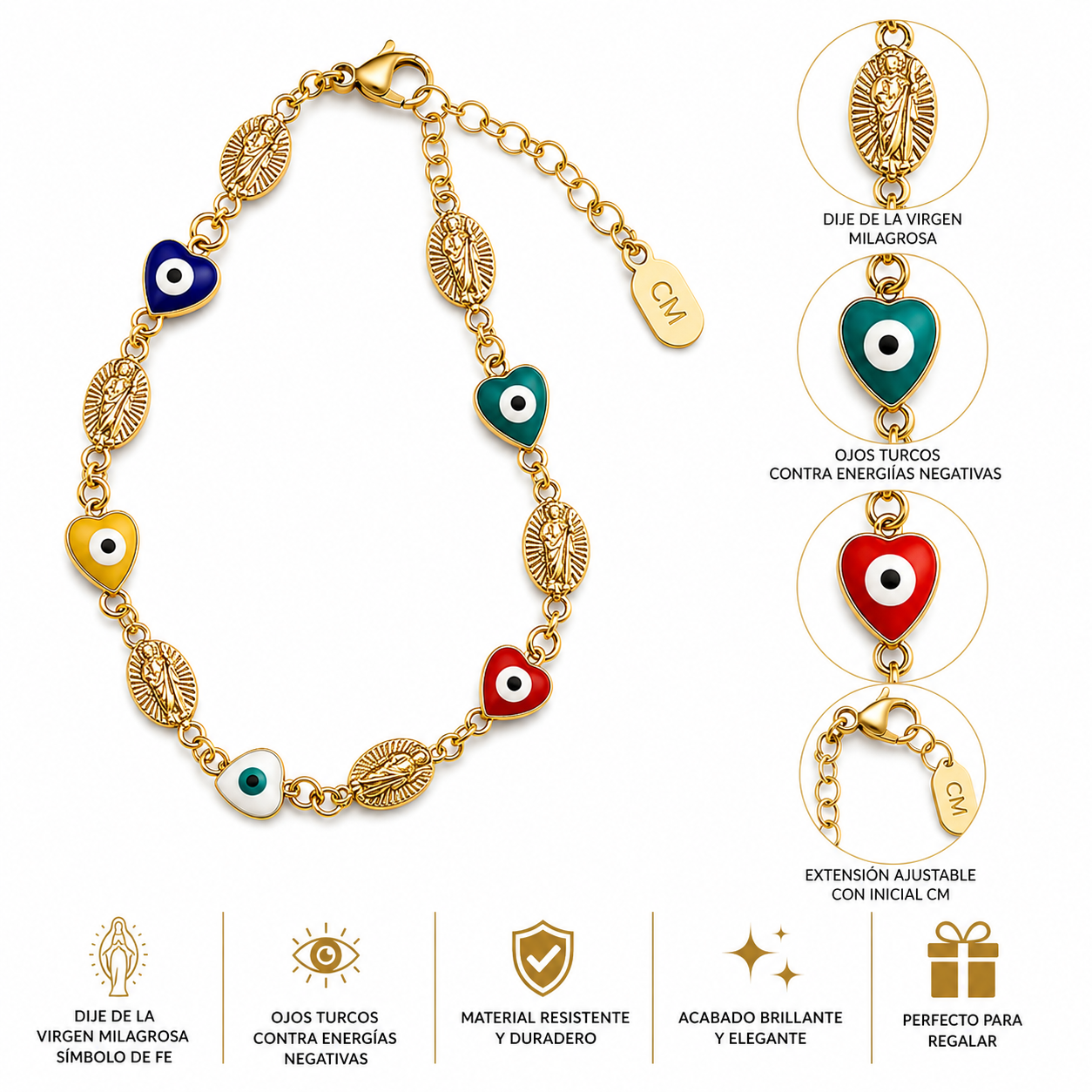 Pulsera Virgen Milagrosa & Ojos Turcos Multicolor Oro 14k laminado