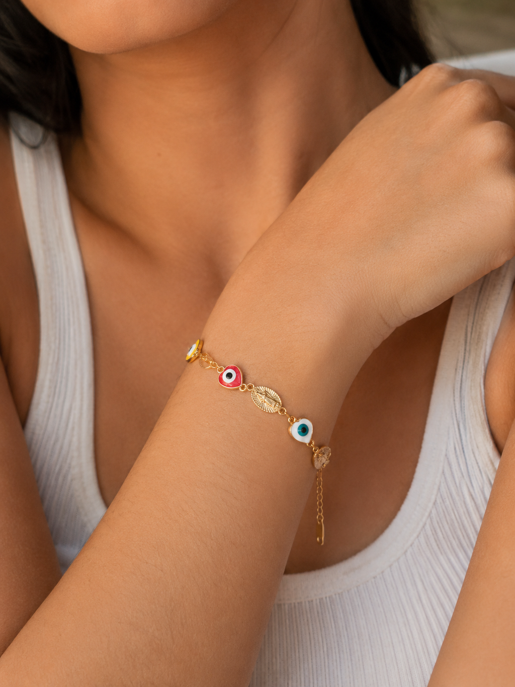 Pulsera Virgen Milagrosa & Ojos Turcos Multicolor Oro 14k laminado