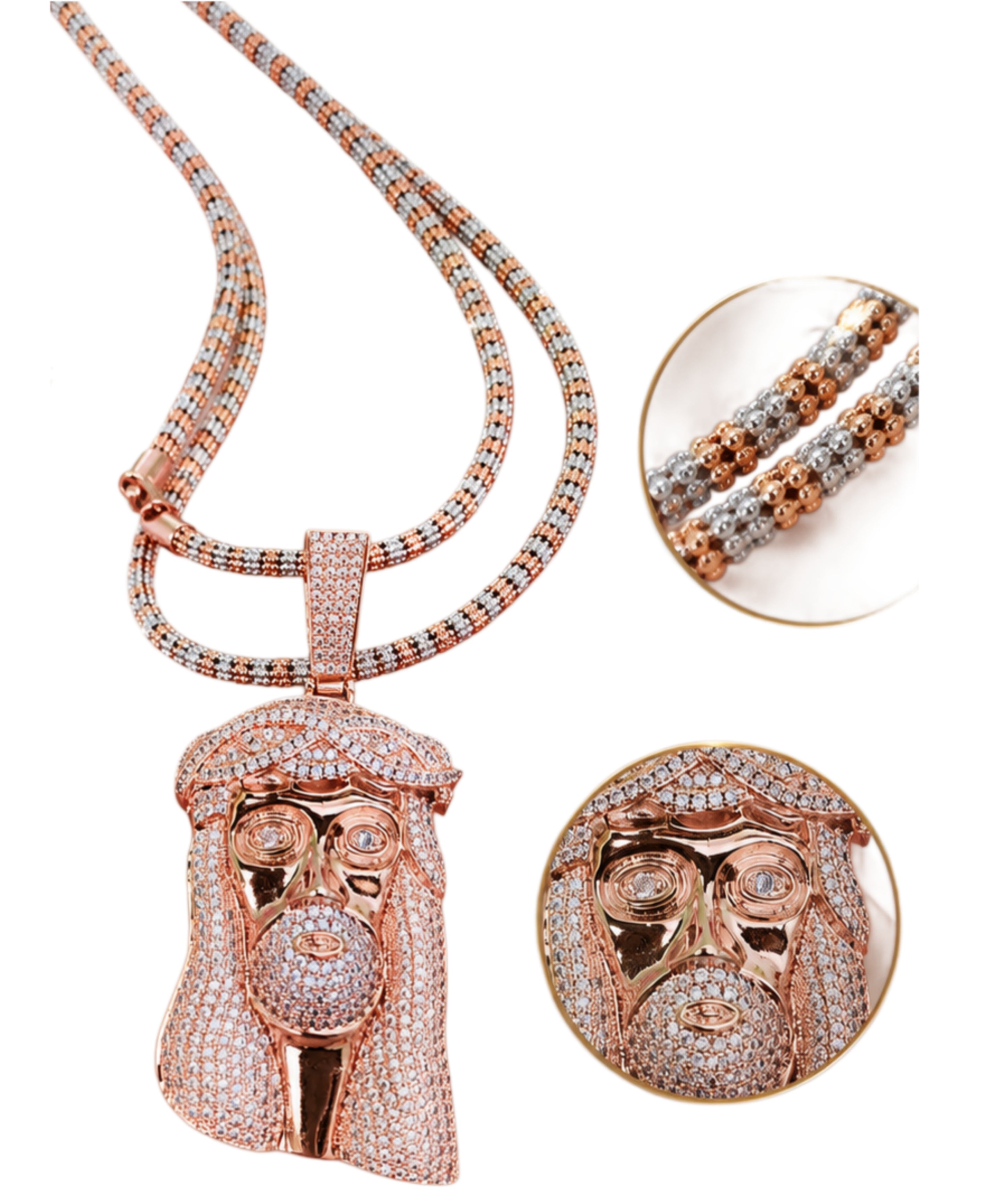 ⭐️Cadena Moon Ice Rose Gold con Medalla de Jesús + Guillo a Juego